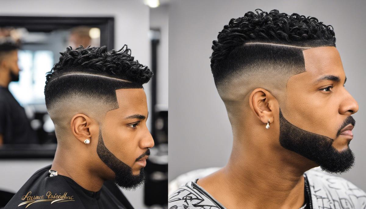 A picture of a burst fade design freestyle haircut with intricate line work and a burst effect around the ears and down the neck.